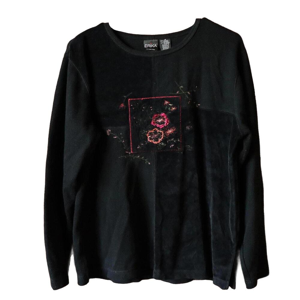 Black Velvet + Corduroy Embroidered 90s Long Sleeve‎ Pullover